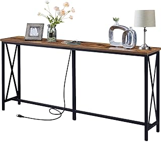 SUPERJARE 70 Inch Console Table with Outlet, Extra Long Entryway Table with Metal Frame and X-Shaped Design, Narrow Sofa Table for Living Room and Hallway - Rustic Brown