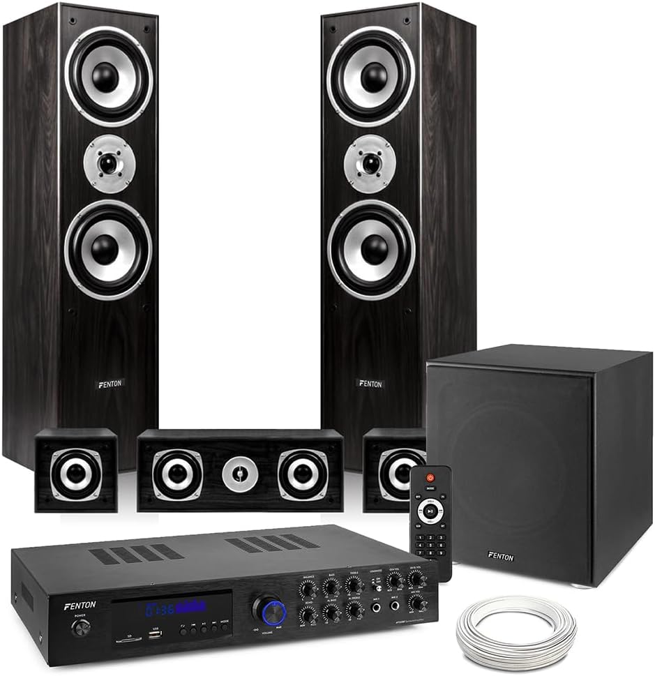 Fenton HF5B Black 5.1 Surround Sound System with AV550BT Amp - Complete Home Theatre Audio Solution with Bluetooth, 12" Active Subwoofer, Home Cinema Sound System