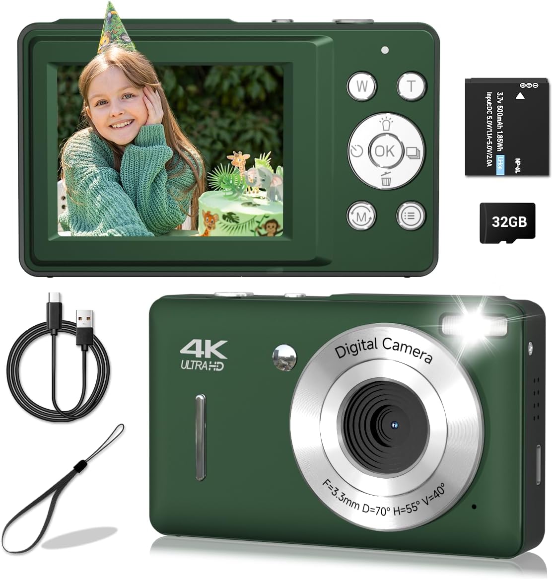Digital Camera for Teens, 4K FHD Video Camera Vlogging Camera (Deep Green)
