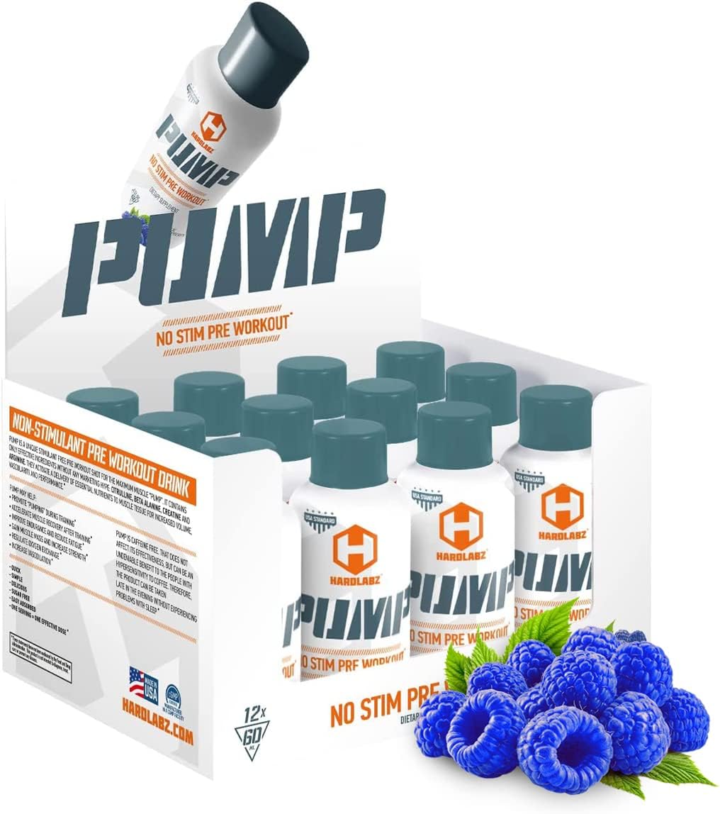 PUMP – Non-Stimulant Caffeine Free Powerful Liquid Pre-Workout Energy Shot with Citrulline, Beta-Alanine, Creatine, Arginine for Strength and Stamina, Zero Sugar, 2oz - 12 Pack