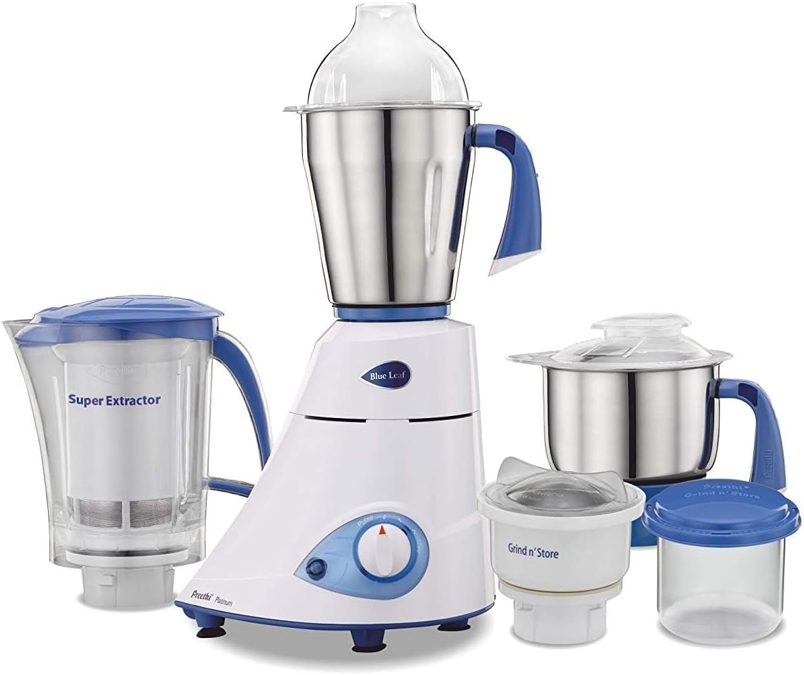 Preethi Blue Leaf Platinum MG 139 Mixer Grinder – 750W, 4 Jars with Super Extractor Juicer & Storage Container, 5-Year Motor Warranty & Lifelong Free Service | White | (Indian Plug)