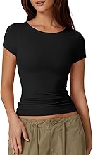 QINSEN Women's Crew Neck Short Sleeve Tees Double Lined Slim Fit T Shirt Basic Y2K Tops