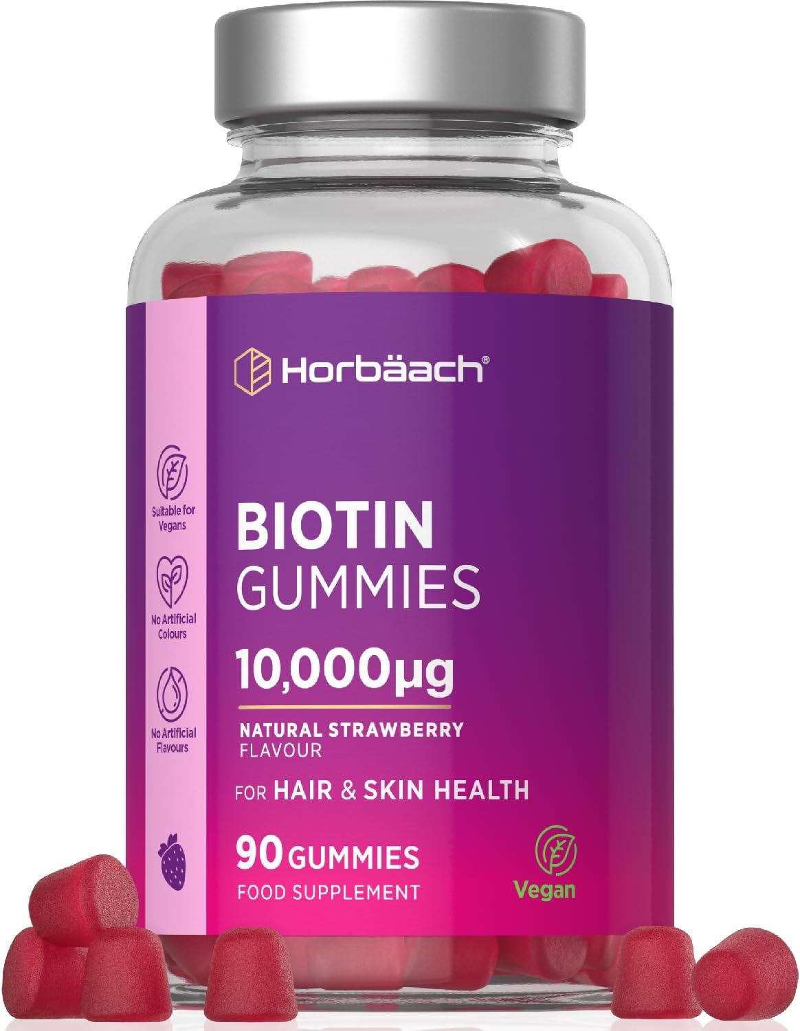 Biotin Gummies 10,000mcg | 90 Count | High Strength Biotin (Vitamin B7) for Hair and Skin Health | Natural Strawberry Flavour | Vegan Supplement | by Horbaach
