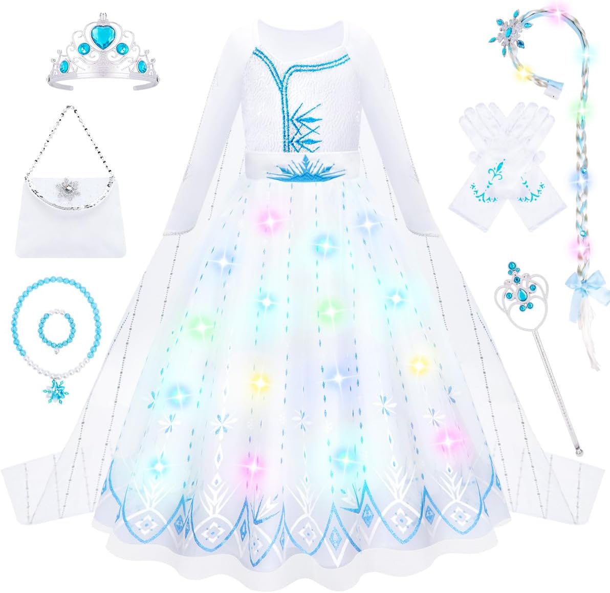 MELAND Princess Costumes for Girls, White Light up Princess Dress up with Long Cape, Hairband for Girls Aged 3 to 10 Years Old, Fancy Dress for Kids and Toddlers Halloween Costumes