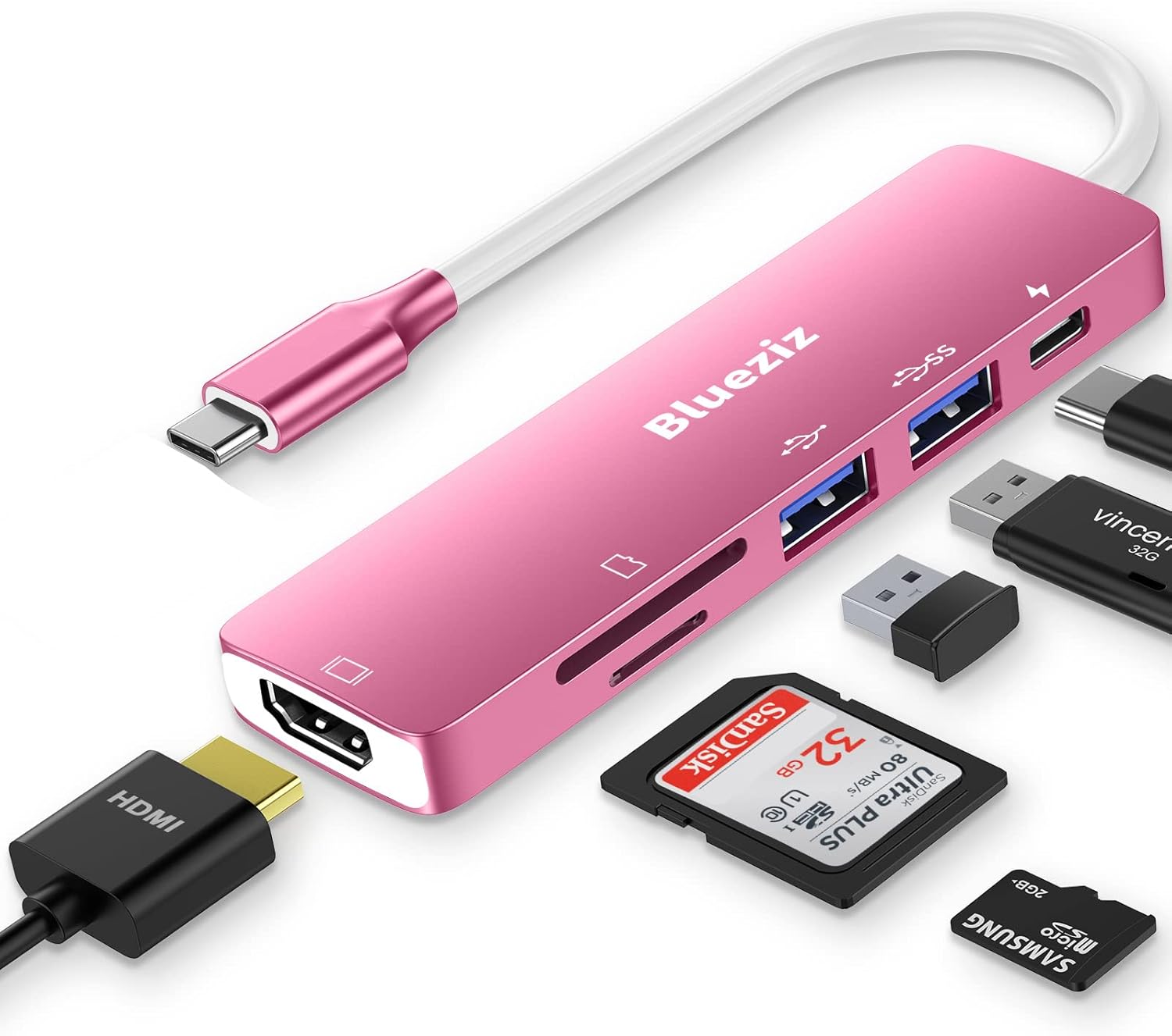 USB C HUB, 6 in 1 USB C Laptop Docking Station with 4K HDMI, 2 USB 3.0, 87W PD Charger, SD/Micro SD Card Reader, and USB C to A Adapter Compatible for MacBook Pro/Air, Surface Pro and More (Pink)