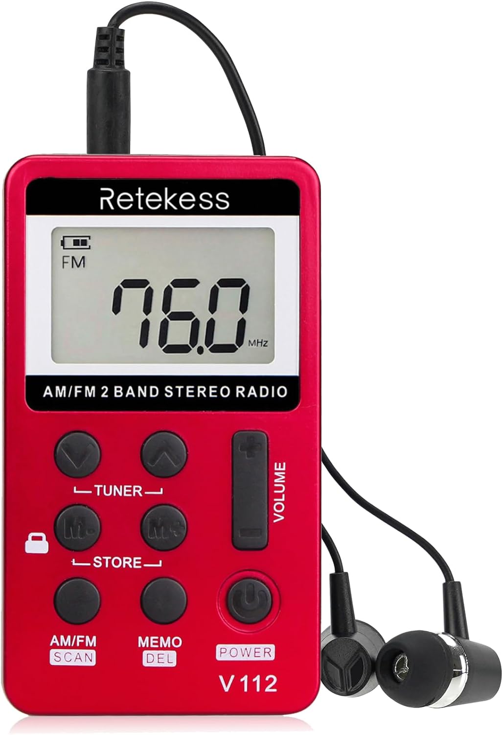 Retekess V112 AM FM Portable Pocket Radio, FM Receiver, Digital Tuning Stereo, with Headphones, Rechargeable Battery, for Walking, Jogging, Training, Church (Red)