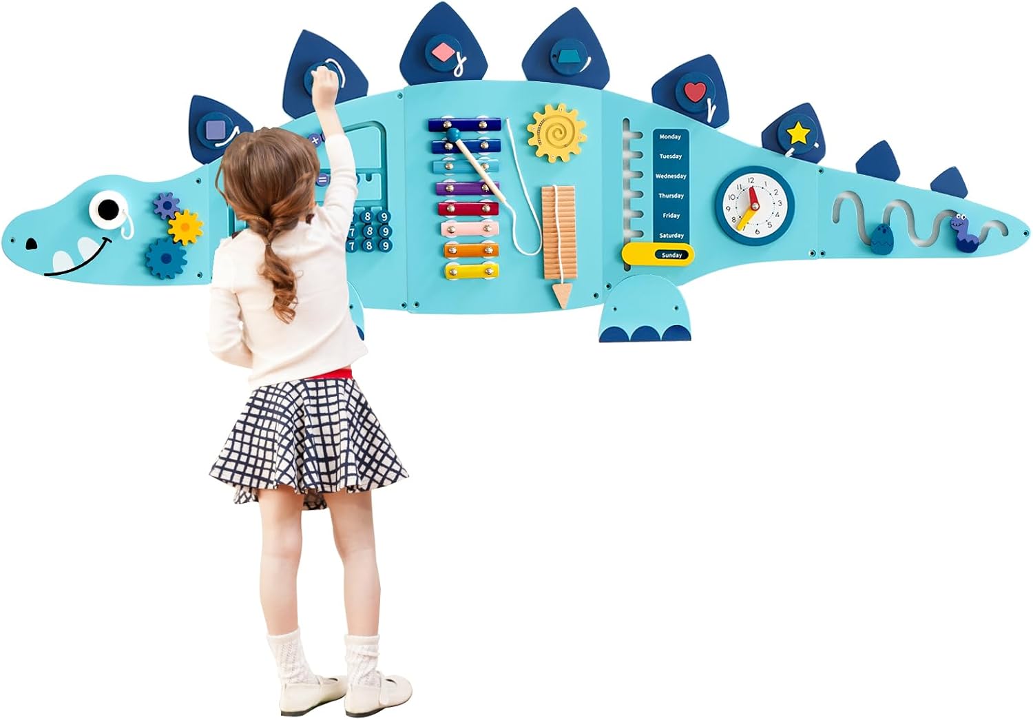 Beright Dinosaur Activity Wall Busy Board Panels, Montessori Sensory Toys, Toddler Learning Activity Center, Perfect for Toddler Playroom & Children's Daycare, Blue