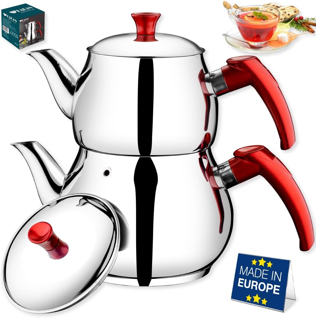 Hakan Stainless Steel 3.2 L, 107 Oz, Maxi Double Bondy Tea Pot Set with Self Strainer Double Lids, Turkish Samovar Style Teapot Set, Tea Kettle for Loose Leaf Tea with Red Bakelite Handle 3.3-Quart