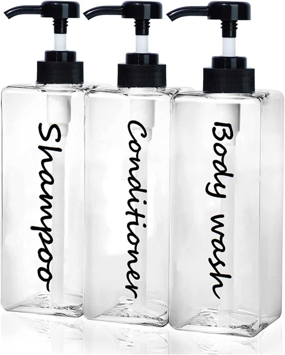 Shampoo Dispenser - Refillable Shampoo and Conditioner Bottles (Clear, Set of 3, 21oz) - Modern Shampoo Bottles for Shower Soap - Empty Shampoo Conditioner Body Wash Dispenser Set - for Bathroom
