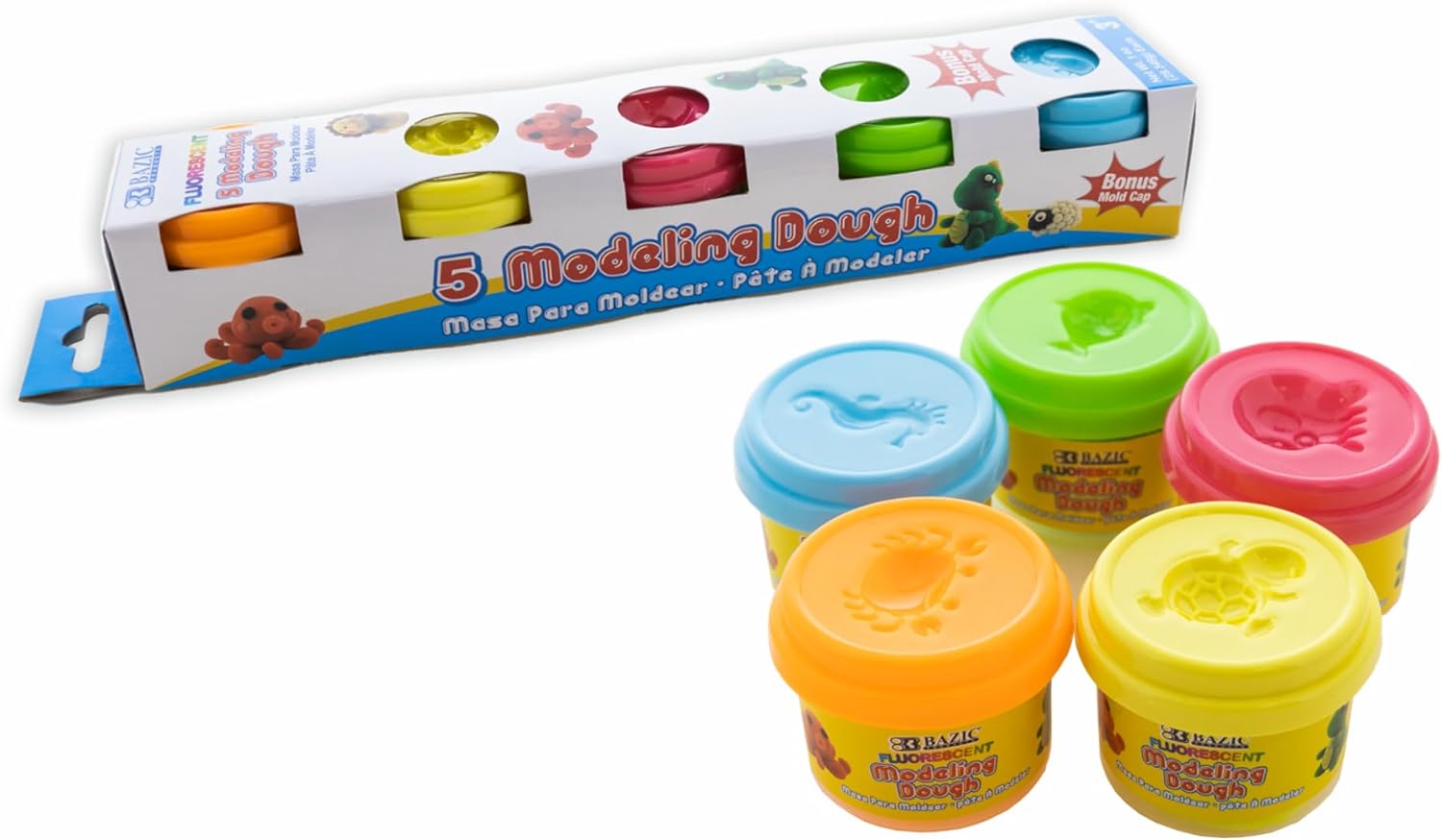 BAZIC Modeling Dough 1 Oz, 5 Fluorescent Colors, Non Toxic Soft DIY Modeling Clay with Mold Caps for Art and Crafts, Sculpting, Kids Children, 1-Pack