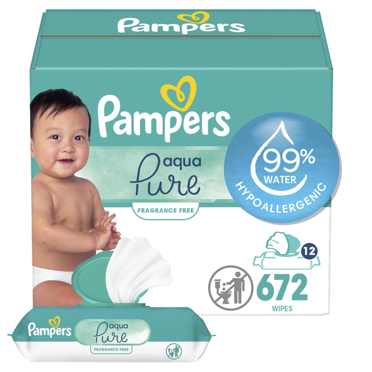 Pampers Aqua Pure Sensitive Baby Wipes, 99% Water, Hypoallergenic, Unscented Baby Wipes, 336 Baby Wipes Total (6 Flip-Top Packs)