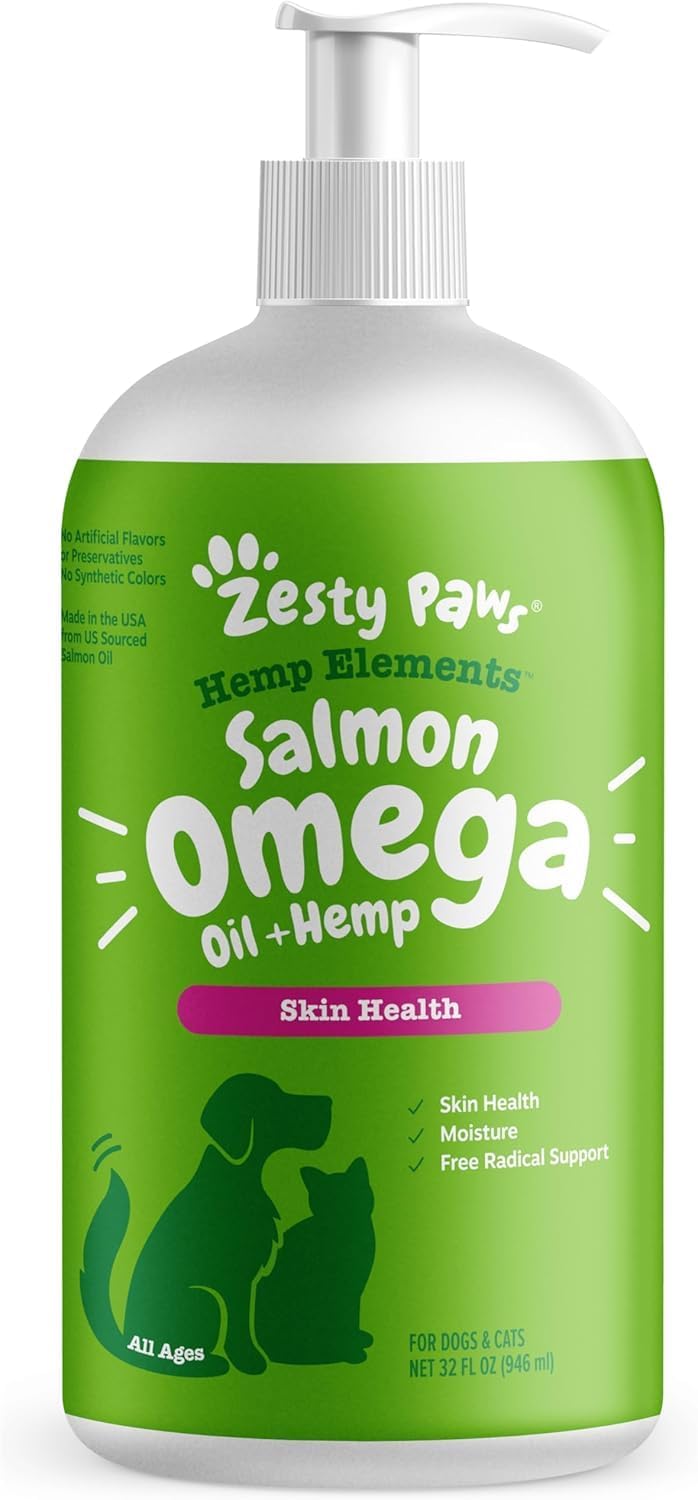 Zesty Paws Salmon Omega Oil Hemp for Dogs and Cats with Wild Alaskan Salmon Oil Omega 3 and 6 Fatty Acids with EPA DHA for Pets Supports Normal Skin Moisture and Immune System Function 32oz