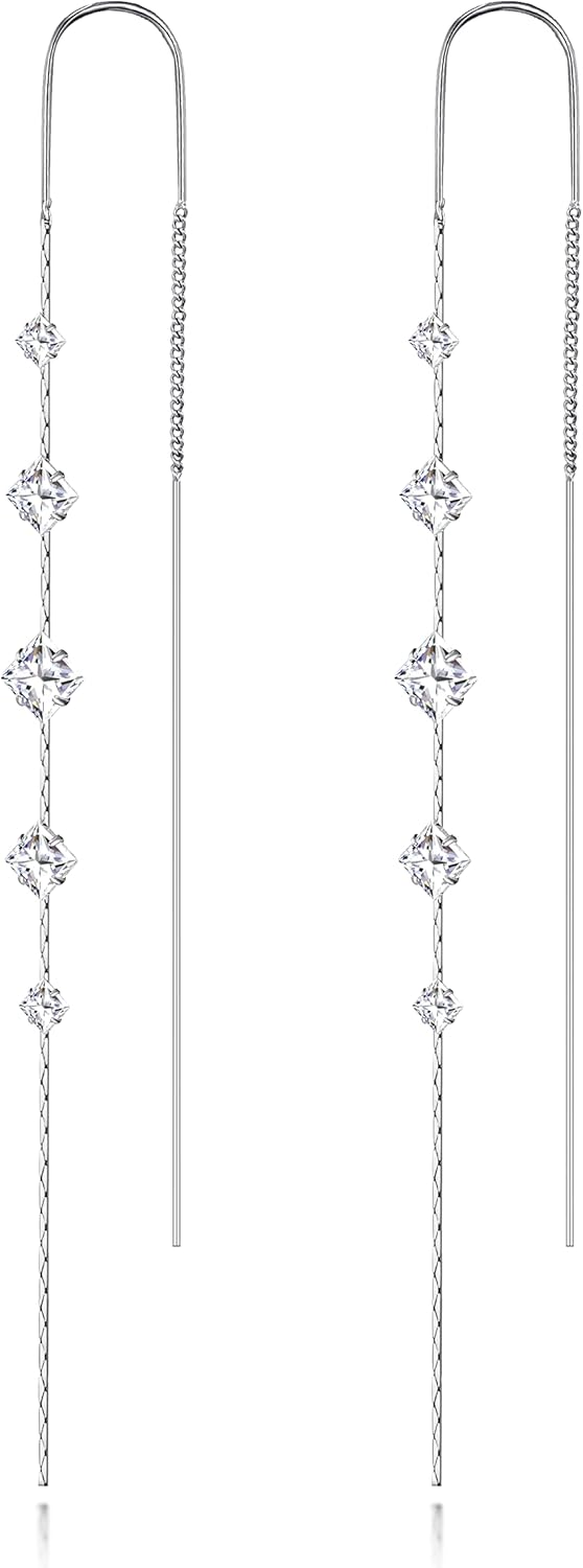 Ritach Silver Dangle Earrings for Women Long Silver Threader Prom Earrings Sparkly Dangle Drop Cubic Zirconia Jewelry for Gifts