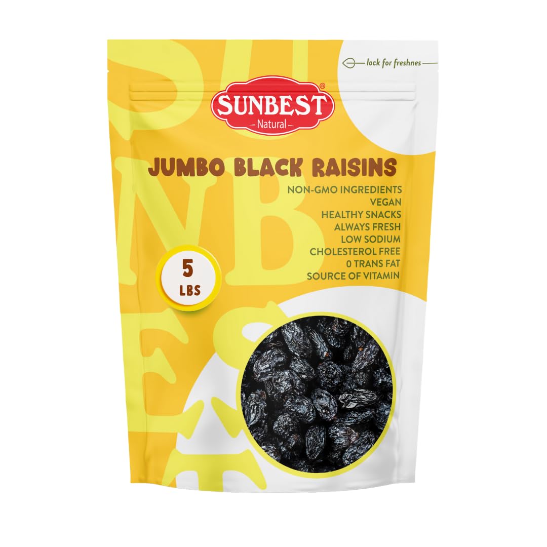 Sunbest Natural Jumbo Black Raisins – 5 lb Bulk Bag (80 oz) – Plump, Juicy & Nutrient-Rich – High in Fiber – Resealable, Perfect for Snacking, Cooking & Baking