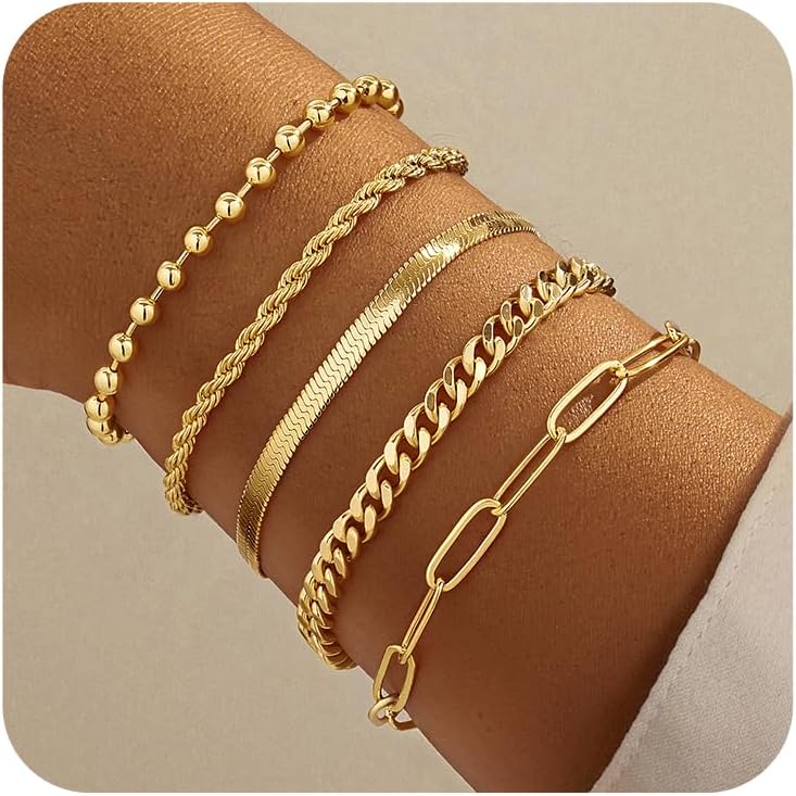 Gold Bracelets for Women,Dainty Bracelets Set for Women Trendy, Gold Bracelets Stack With Beaded, Cuban, Paperclip, Heart, Snake, Rope, Pearl, Cross, Hand Chain, Silver Jewelry Gifts for Women Mom