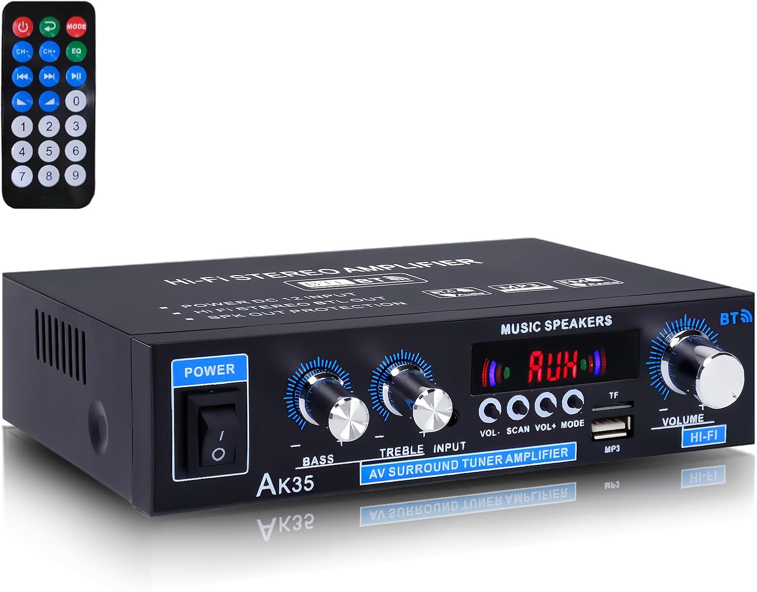 AK35 200W Stereo Audio Amplifier Bluetooth 5.0, 2.0 Channel Mini Amplifier Stereo Receivers with Bass & Treble Control,Home Amplifier w/AUX, USB, SD Card Input,Remote Control