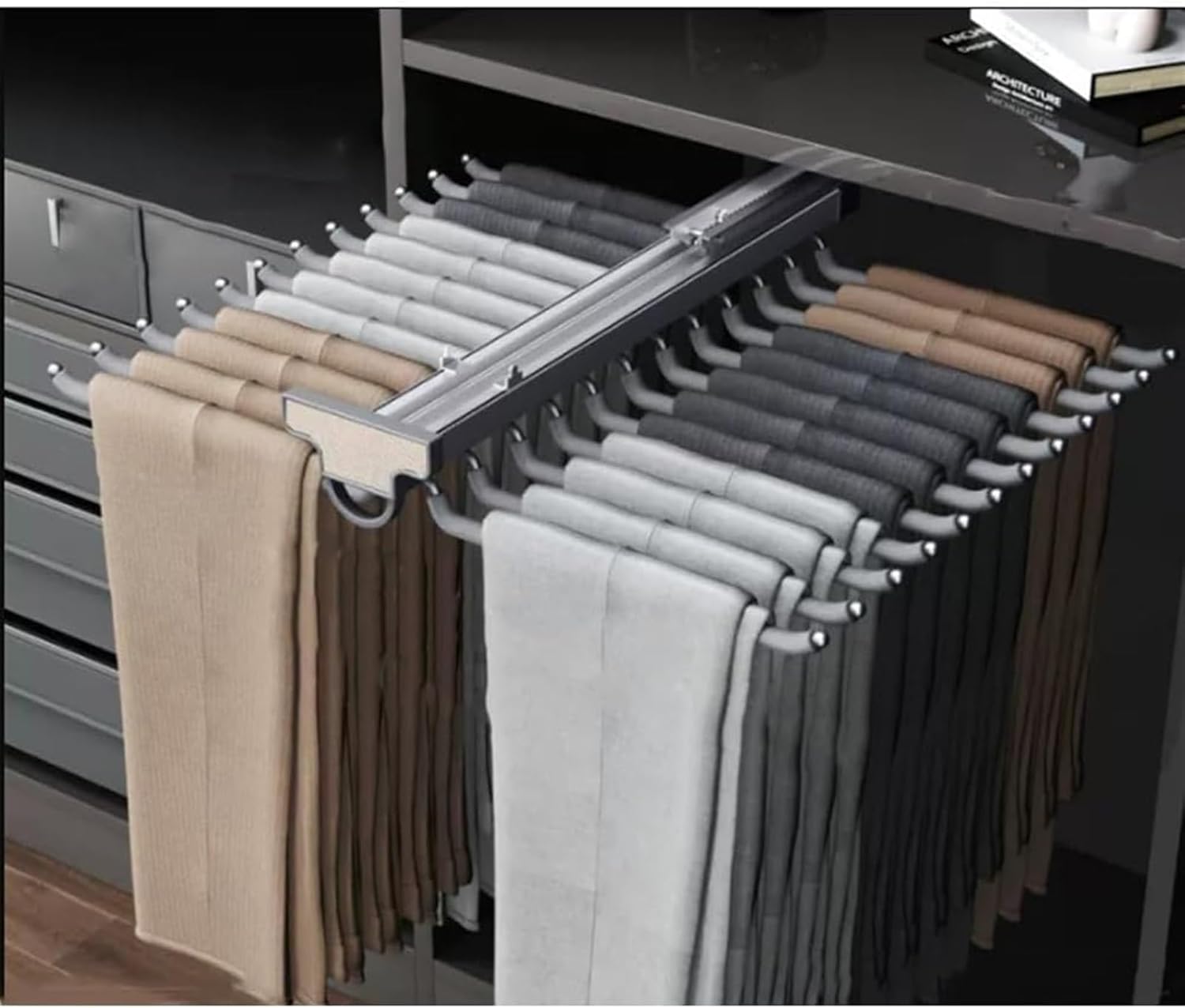 Pants Hangers,Pull Out Trousers Rack Pull Out Pants Rack Extendable Trouser Rack, Space Saving Pants Hanger Bar Clothes Organizer Hangers for Trousers(24 Arms)