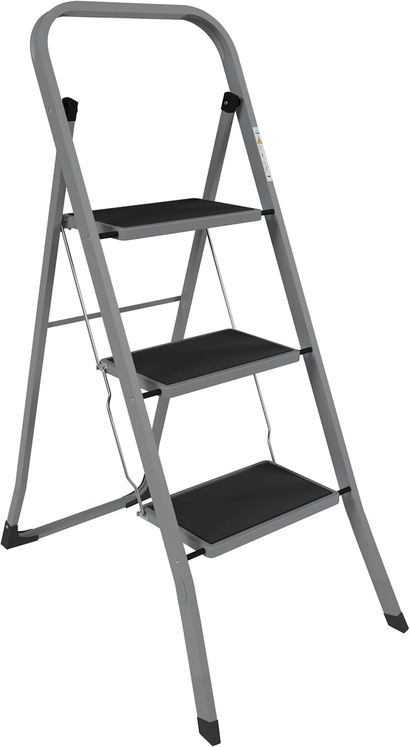 Home Vida 3 Step Ladder - Heavy Duty Steel Folding Ladder with Slip-Resistant and Wide Steps, Folding Mechanism, 150kg Max Load, Home/Kitchen/DIY/Garden Use, Grey