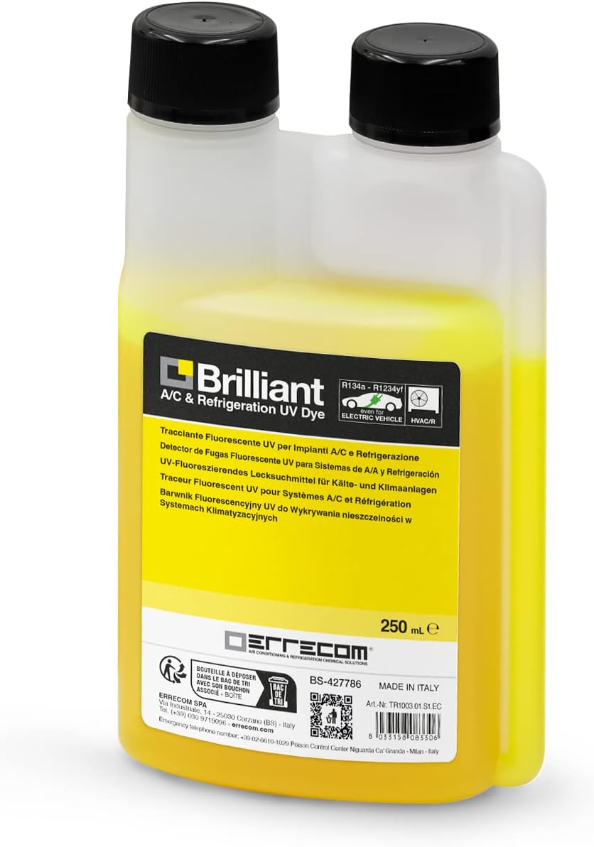 Errecom Brilliant - 250 ml, Fluorescent UV Dye for Detecting Refrigerant Gas Leaks in Air Conditioning and Refrigeration Systems, 250 ml bottle with dispenser