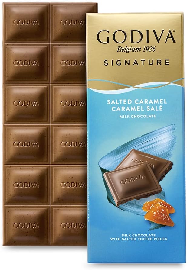 Godiva Chocolatier Signature Milk Chocolate & Salted Caramel Tablet - Creamy Milk Chocolate with Salted Toffee Pieces - 12 Chocolate Squares - Premium and Delicious Chocolate Treat - 90g