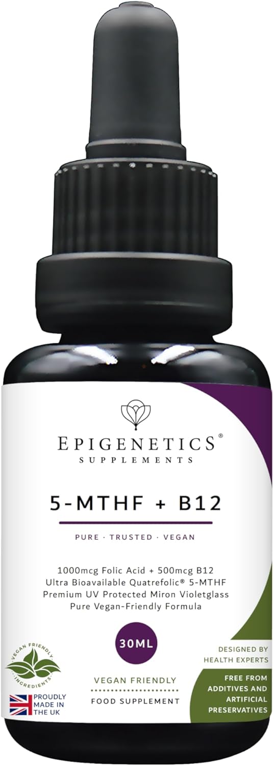 5-MTHF + B12 30ml | High Strength Folic Acid B9 1000mcg + 500mcg Vitamin B12 Methylcobalamin Liquid Drops | Folate Made in UK & Vegan Friendly | 2 Months Supply