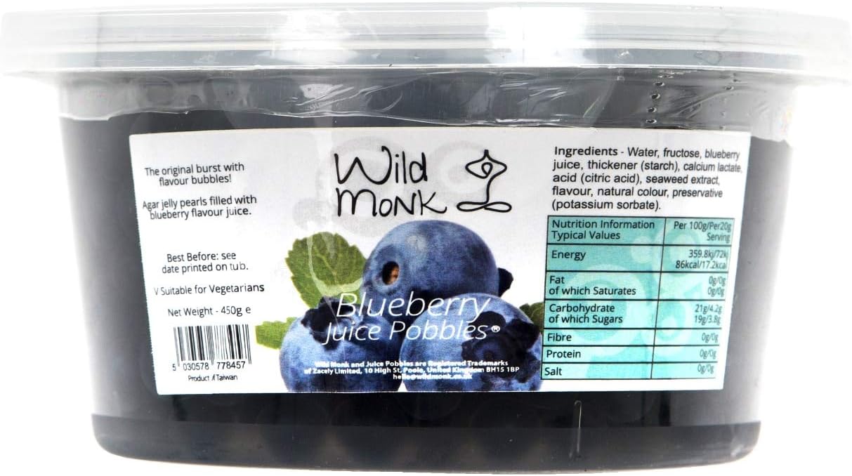 Wild Monk Blueberry Juice Pobbles for All Your Drinks - Ideal for Bubble Tea, Dessert toppings, and Cocktails - 100% Vegan Popping Boba - No Artificial Colors, Gluten-Free, Lactose-Free - 450g
