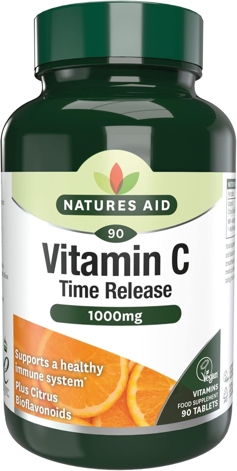 Natures Aid Vitamin C 1000mg Time Release - High Strength with Bioflavonoids - Supports Immunity, Bones & Heart - Antioxidant - Vegan, Gluten-Free, Non-GMO Supplement – 90 Tablets