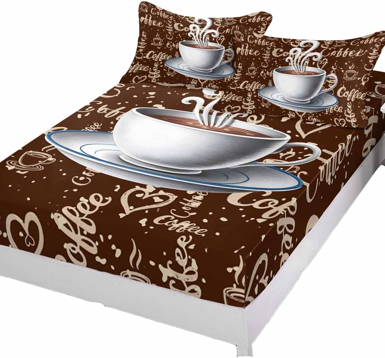 Fitted Sheets Elastic Deep Pocket Bed Sheet Cal King, Coffee Beans Cup Drink on Brown Soft Bed Sheets Set,Vintage Cafe Style Mattress Cover Up Hotel Luxury Fitted Sheet Pillowcase for Bedroom