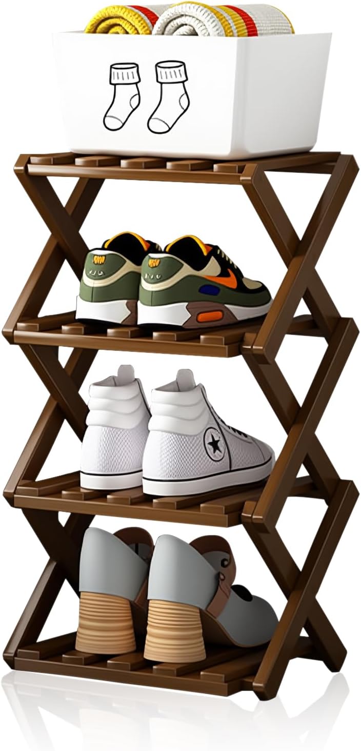 Shoe Rack Small Bamboo, Vertical Narrow Shoe Rack Foldable Smalls Shoe Racks Small Shoe Storage for Corridors Bedrooms and Entryway(4 Tier)