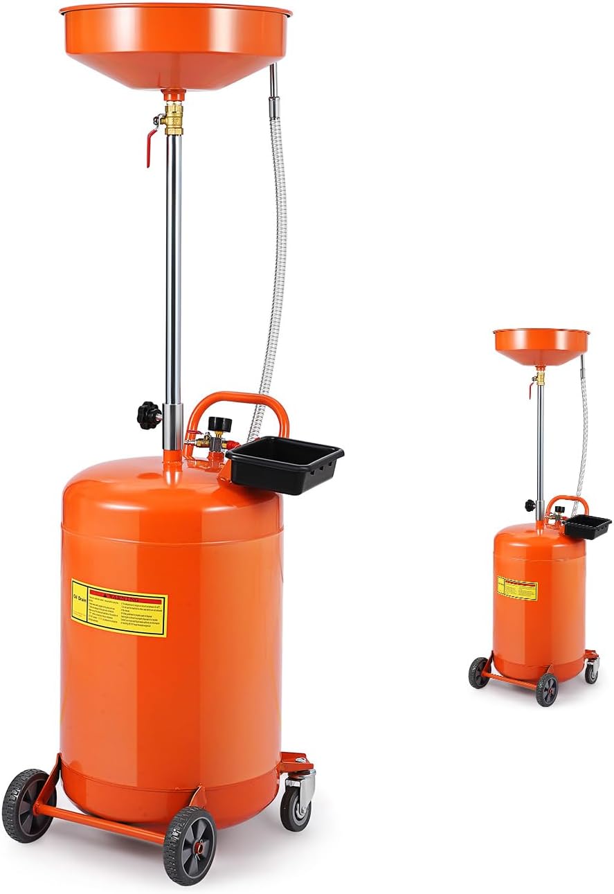 20 Gallon Waste Oil Drain Tank, Portable Air Operated Drainer With Adjustable Funnel Height 38"-65", Portable Oil Drain Container,15" Funnel Fluid Fuel Transfer Drainage With 360° Wheels & Toolbox (Orange, 20 Gallon)