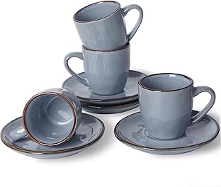 Famiware Ocean Espresso Cups with Saucers Set of 4, 3.34oz Espresso Cup Set, Coffee Mug Set for Latte, Macchiato, Stoneware Demitasse Cups Set for Cafe, Reactive Glaze, Microwave&Dishwasher Safe, Blue