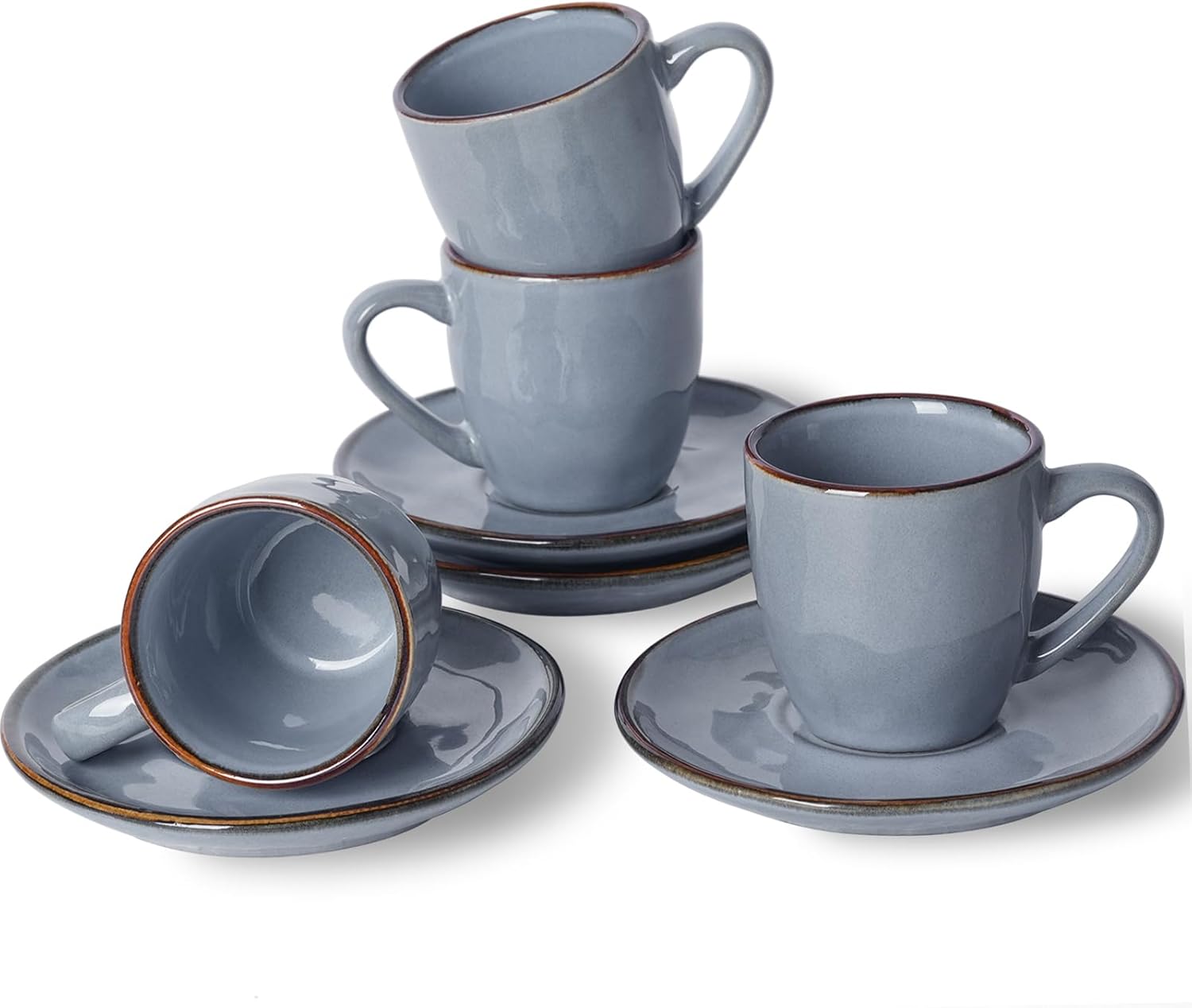 Famiware Ocean Espresso Cups with Saucers Set of 4, 3.34oz Espresso Cup Set, Coffee Mug Set for Latte, Macchiato, Stoneware Demitasse Cups Set for Cafe, Reactive Glaze, Microwave&Dishwasher Safe, Blue