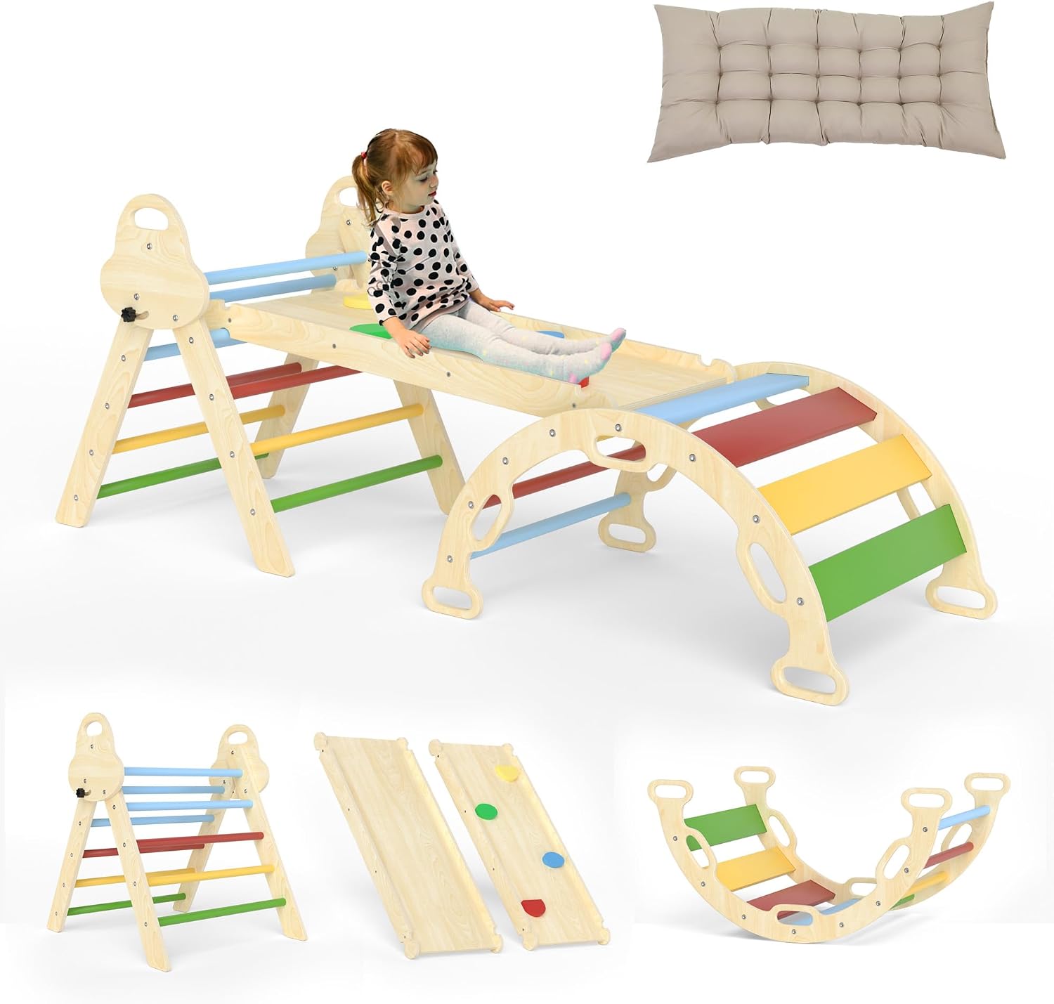 doowroodni Pikler Triangle Set 7in1 Toddler Climbing Toys Indoor Foldable Baby Climbing Toys Wooden Montessori Climbing Set with Arch, Ramp, Ladder for 1-3 Years, Jungle Gym for Kids