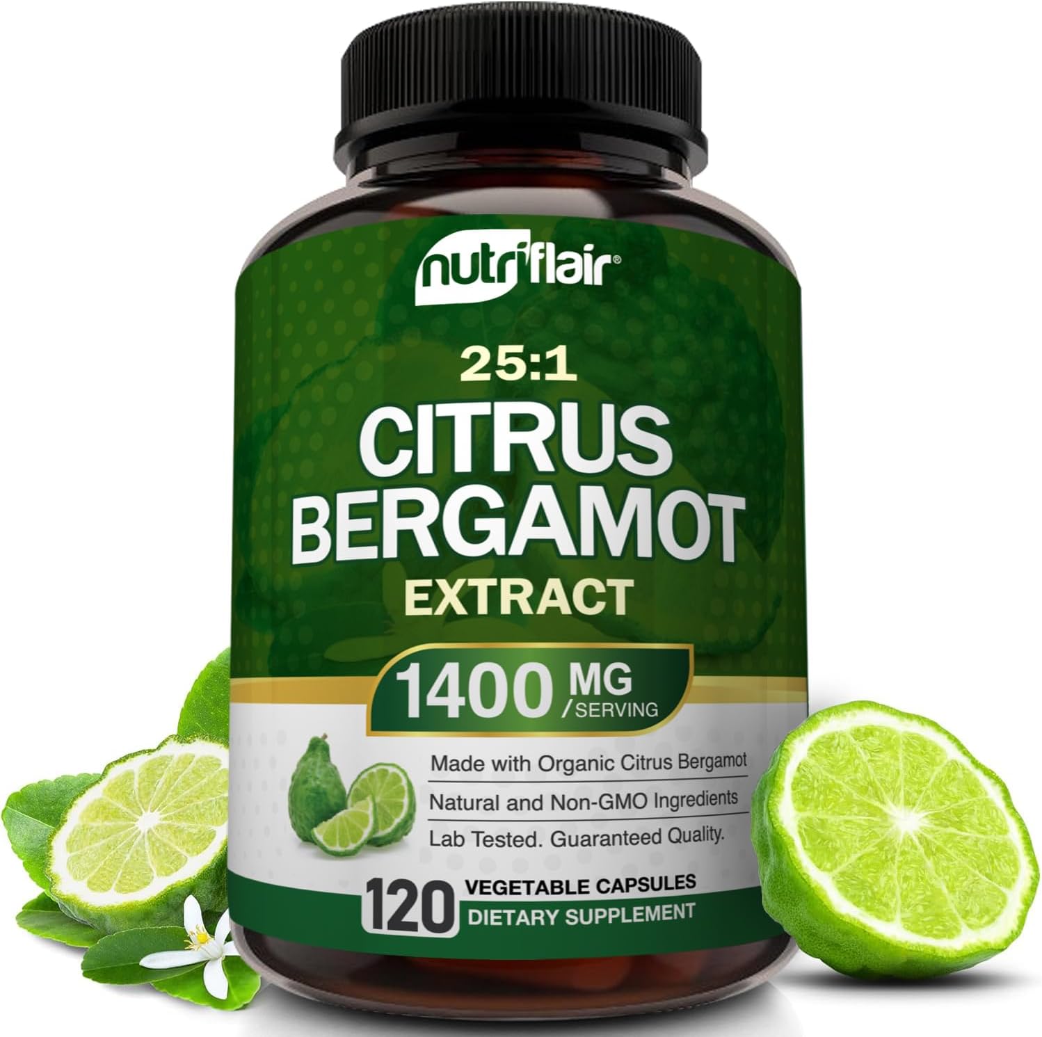 NutriFlair Organic Citrus Bergamot 1400mg, 120 Capsules - 25:1 Citrus Bergamia - Essential Oil and Citrus Bioflavonoids - Natural Heart Health Supplements for Women and Men - Non-GMO Pills