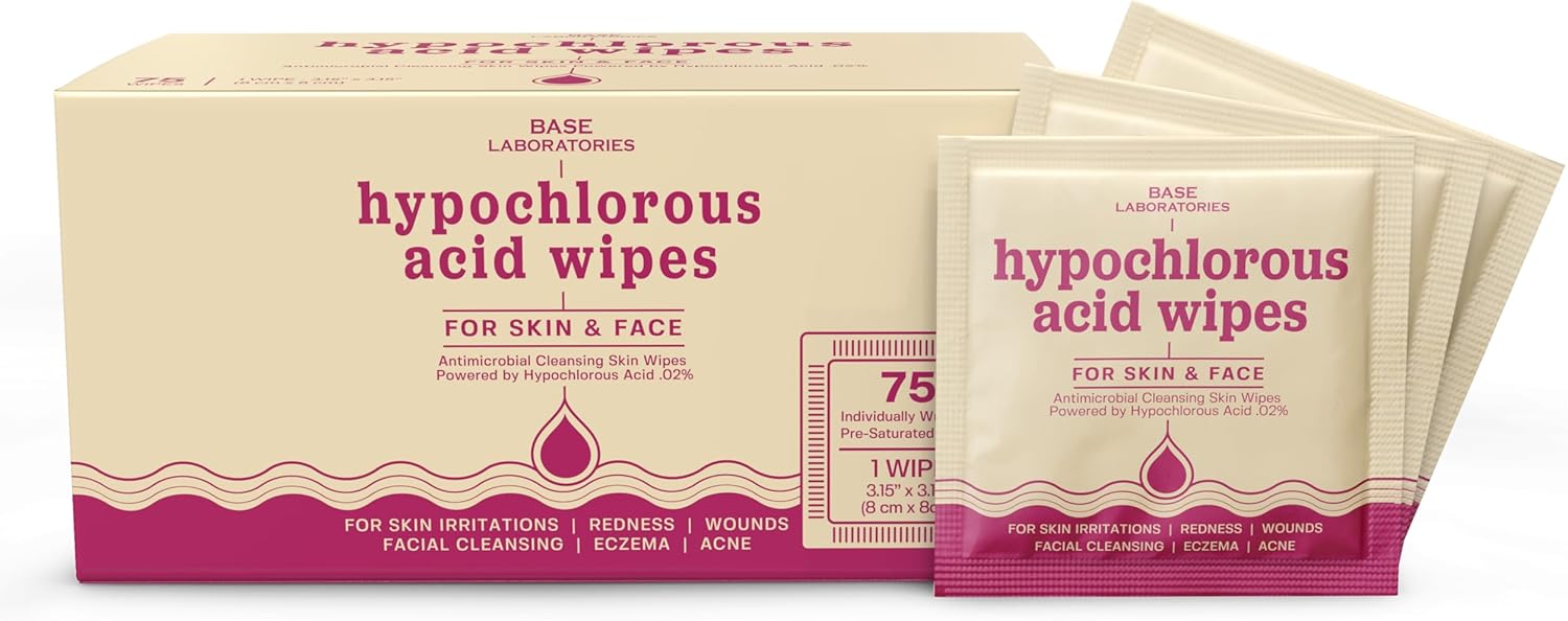 Base Labs Hypochlorous Acid Wipes | Hypochlorous Infused Wound Cleaning Wipes for Skin & Face | Cleanses, Sanitizes & Soothes Skin Irritations, Fresh Piercings, Acne & Eczema | 75 units