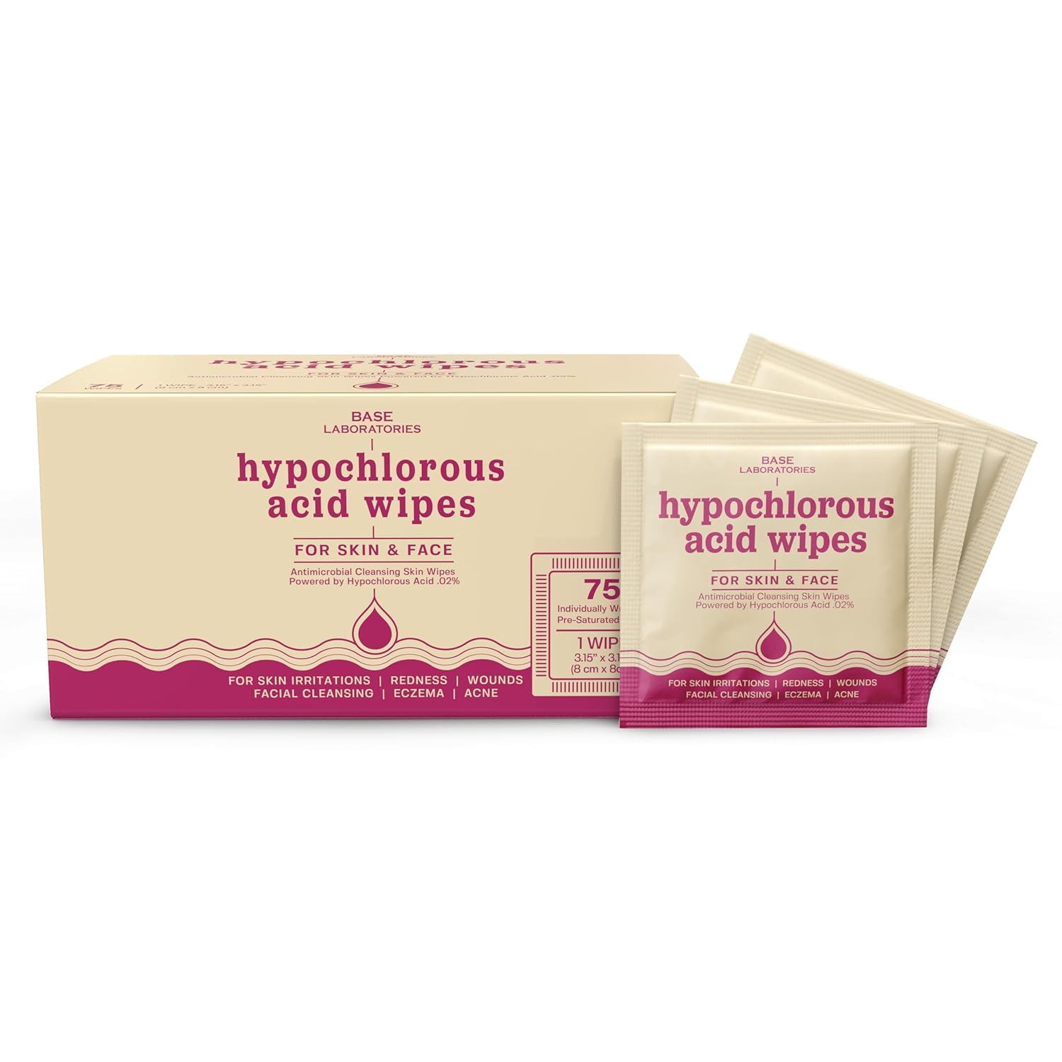 BASE LABORATORIES Hypochlorous Acid Wipes for Face & Skin - Magic Facial Cleansing Wipes - Daily Skin Repair Hypochlorous Acid Wipes - for Sensitive Skin, Redness, Irritations, Eczema - 75 Wipes