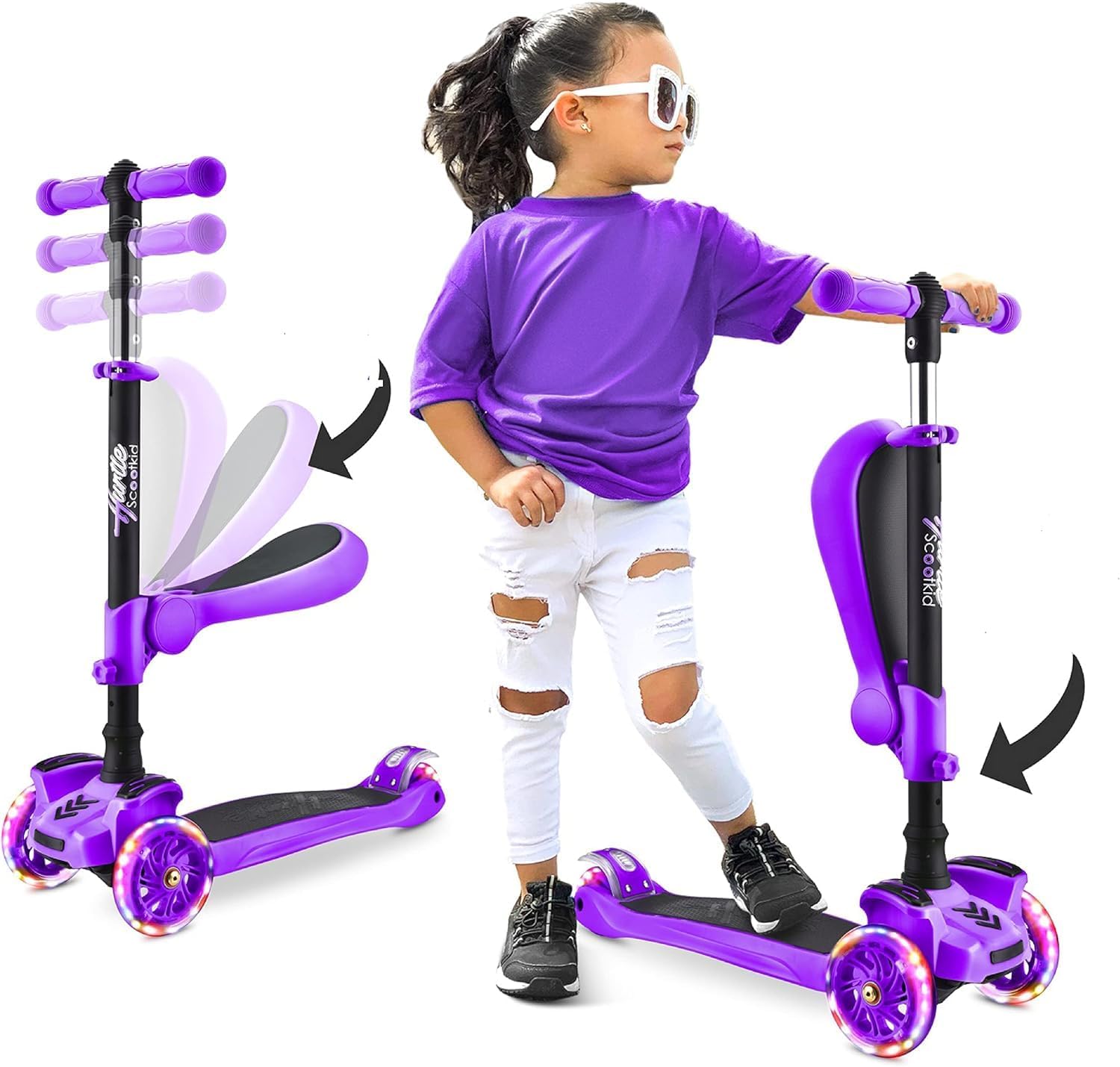 Hurtle 3-Wheel Tri Scooter for Kids - Ages 2-12, Flip-able Seat, Foldable, Flashing Lights, Adjustable Height