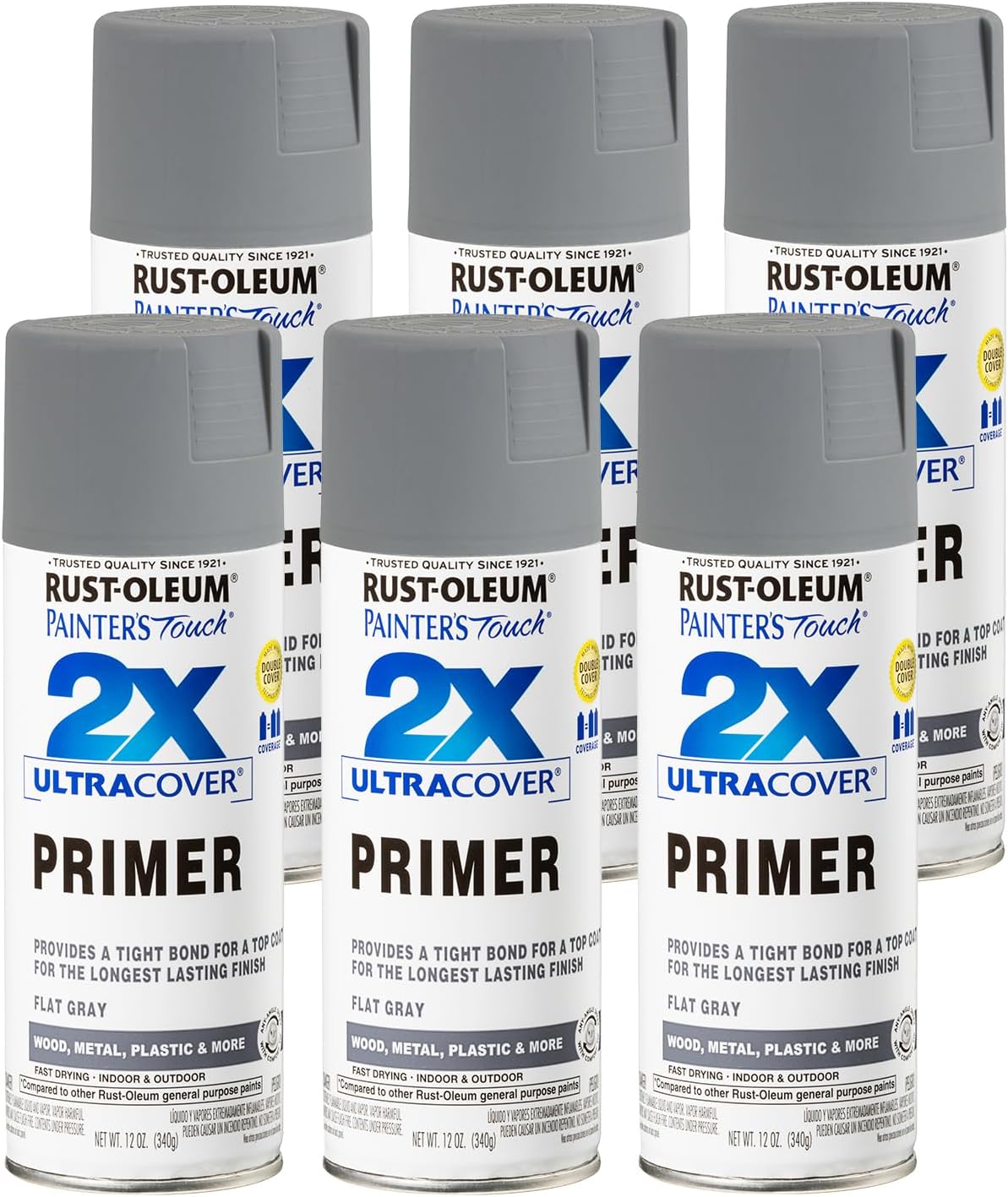Rust-Oleum 334017-6PK Painter's Touch 2X Ultra Cover Primer Spray, 12 oz, Flat Gray, 6 Pack