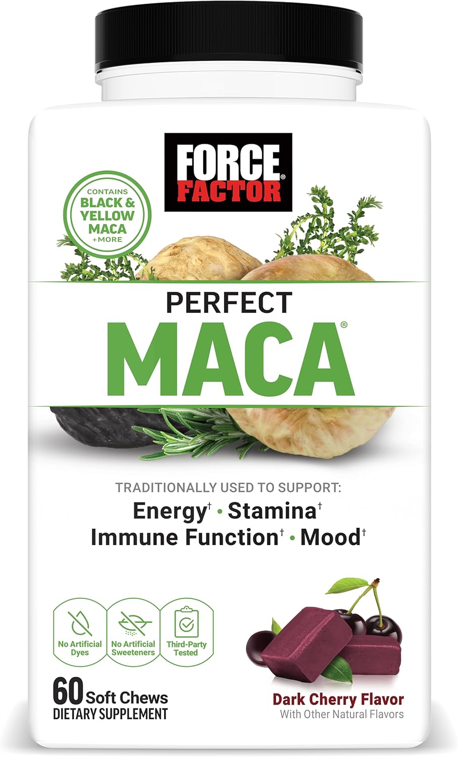 FORCE FACTOR Perfect Maca, Maca Root and DIM Supplement with Saffron to Boost Energy and Mood, with Yellow and Black Maca, Vitamins, Minerals, and Antioxidants, Dark Cherry Flavor, 60 Soft Chews