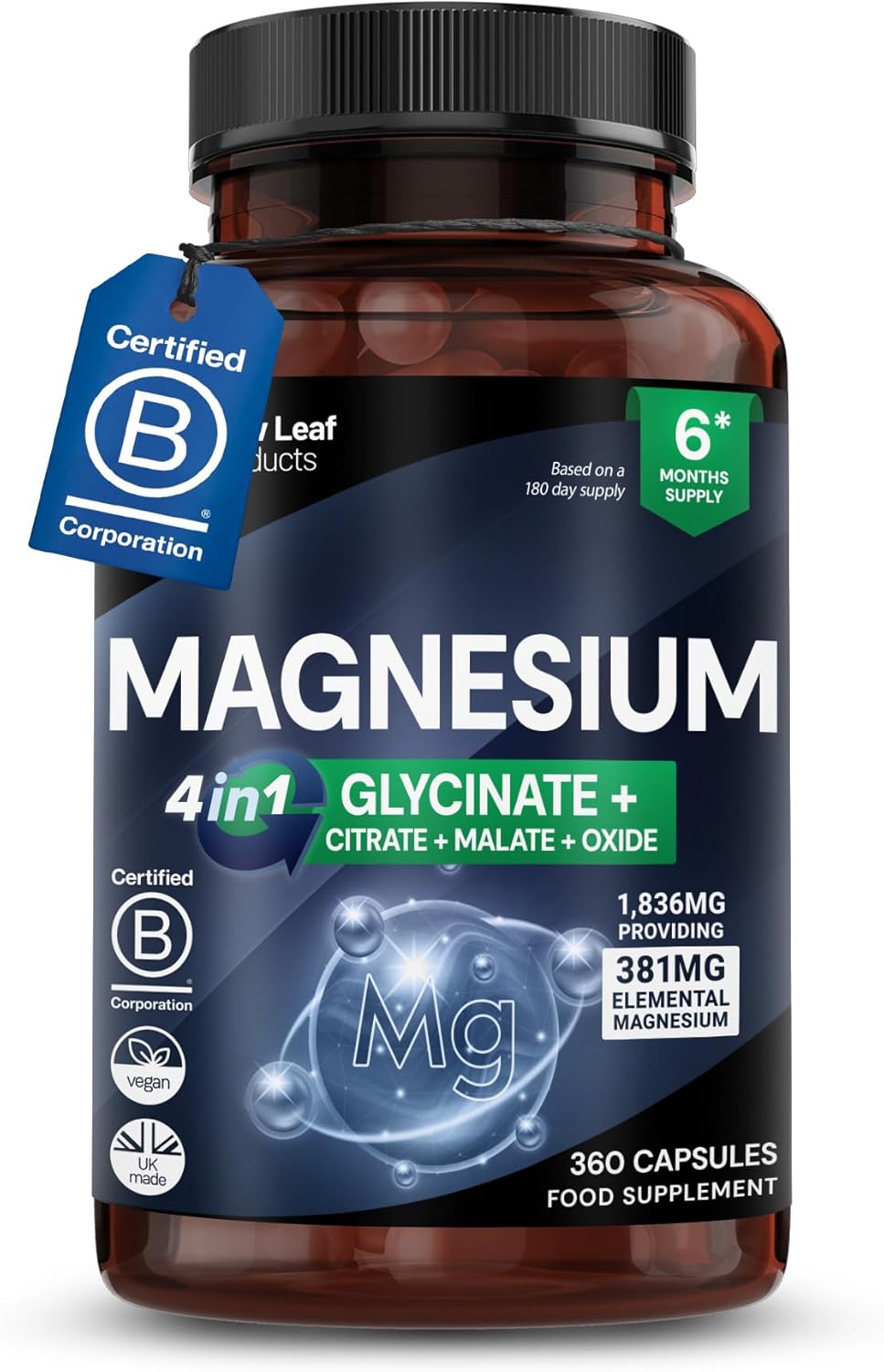 Magnesium Glycinate 4-in-1 Complex 2000mg - High Strength Magnesium Supplements - Bisglycinate,Citrate, Malate, Oxide - 360 Capsules 449mg Elemental - Vegan UK Made by New Leaf