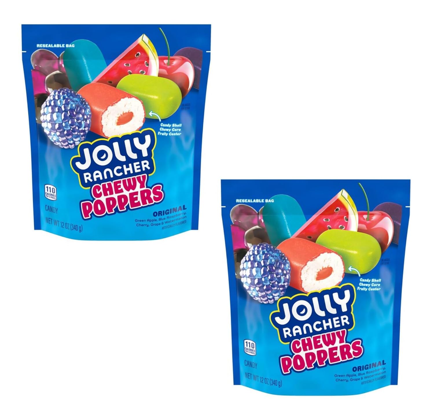 Jolly Rancher Chewy Poppers - Pack of 2 - Candy Shell with a Chewy Core and a Fruity Center - Original Flavors - Green Apple, Blue Raspberry, Cherry, Grape, and Watermelon