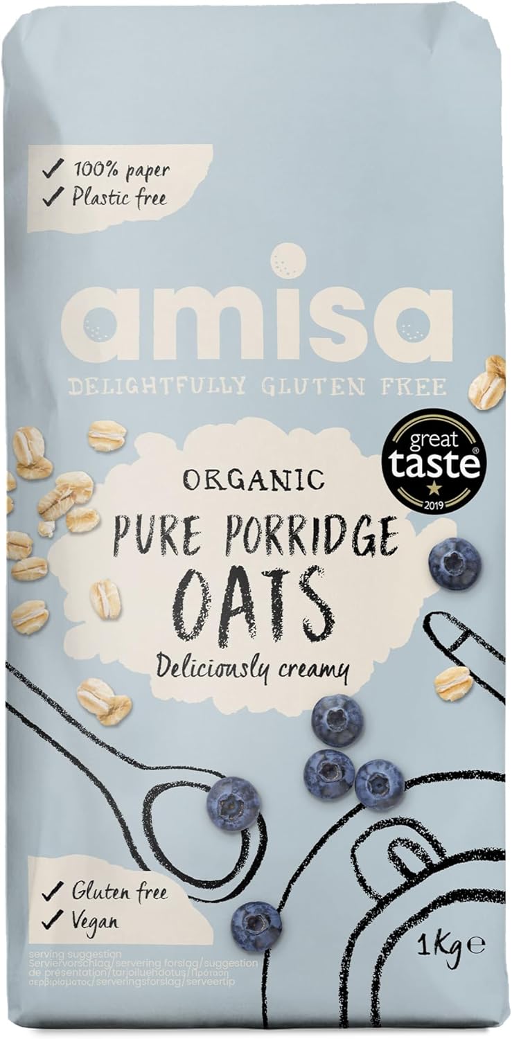 Amisa Organic Gluten-Free Porridge Oats, 1kg - Batch Tested, High Fibre, 100% Recyclable Paper Packaging - Ideal for Breakfast, Cooking & Baking , Pack of 1