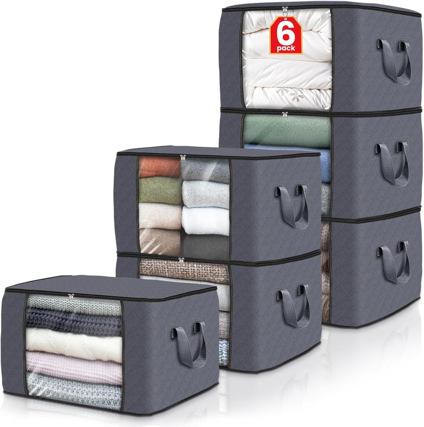 Fab totes 6 Pack Clothes Storage, Foldable Thik Fabric Blanket Storage Bags, Storage Containers for Organizing Bedroom, Closet, Clothing, Comforter, Organization and Storage with Lids and Handle, Grey
