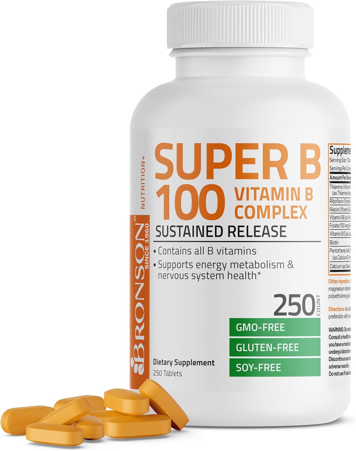 Bronson Super B 100 Vitamin B Complex Sustained Release Contains All B Vitamins (Vitamin B1, B2, B3, B6, B9 - Folic Acid, B12) Supports Energy Metabolism & Nervous System Health, Non-GMO, 250 Tablets