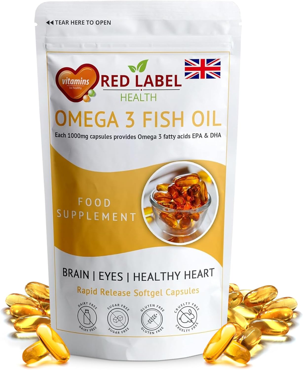 Red Label Health Omega 3 Fish Oil 1000mg, Pack of 90 Soft Gel Capsules (3 Months Supply), Double Strength 180mg EPA and 120mg DHA, Supports Eye, Heart & Brain Health for Men & Women - UK Made