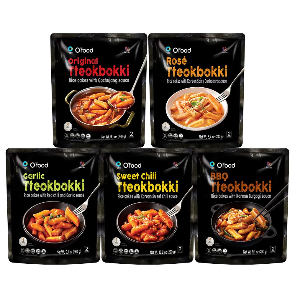 Chung Jung One O'Food Tteokbokki Variety Pack, Pack of 5, Instant Korean Rice Cakes, Authentic Spicy Street Food, Ready to Eat, No MSG, No Corn Syrup