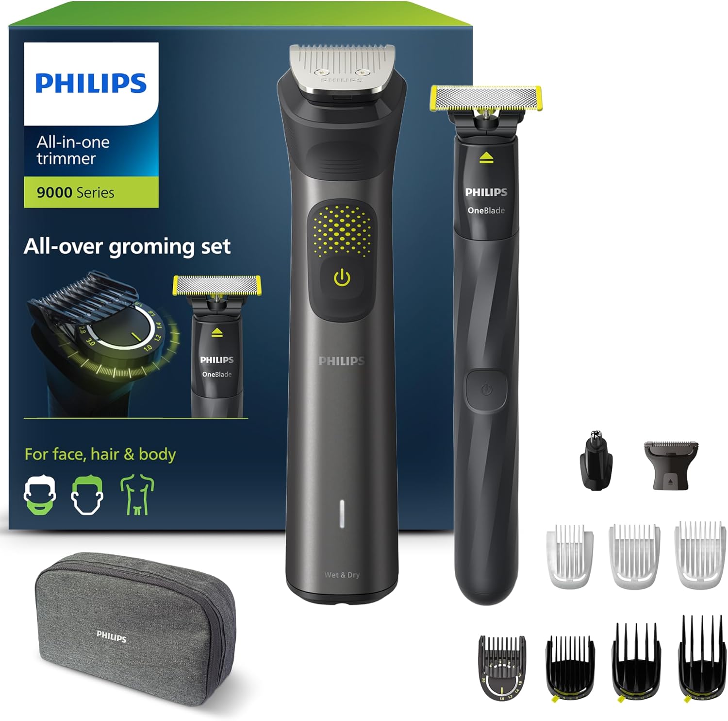 Philips Series 9000 13-in-one Trimmer + OneBlade, All-Over Grooming Set, Precise Trim, Sharp Edges, Convenient Shave, 27 Length Settings (0.2-20 mm) (Model MG9530/15)