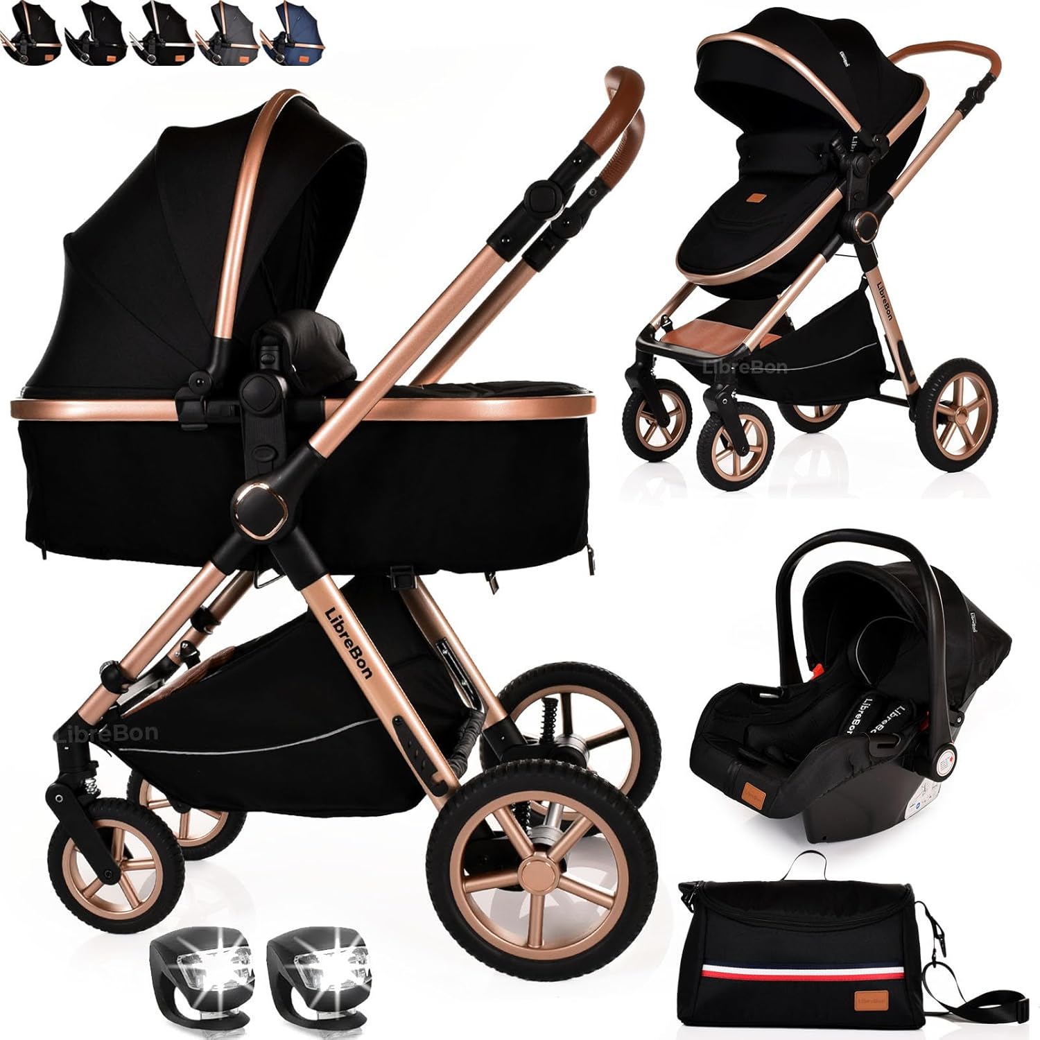 Baby Pram Pushchair Buggy Stroller 3 in 1 Child Lightweight Folding Stroller 3 in 1 Travel System Pram for Newborns Toddlers from Birth Aluminum (Black - Rose Gold Frame)
