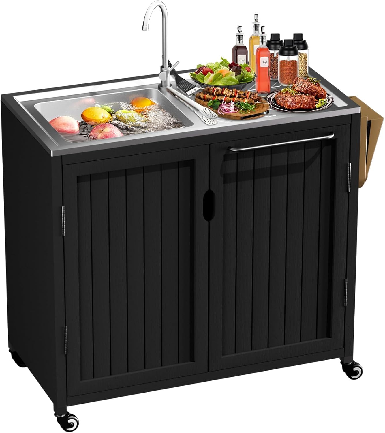 Outdoor Grill Cart with Sink - Solid Wood & 304 Stainless Steel Top, Freestanding Movable Kitchen Island Cabinet with Wheels, Outdoor Kitchen Sink Station ，L39.3 xW19.6