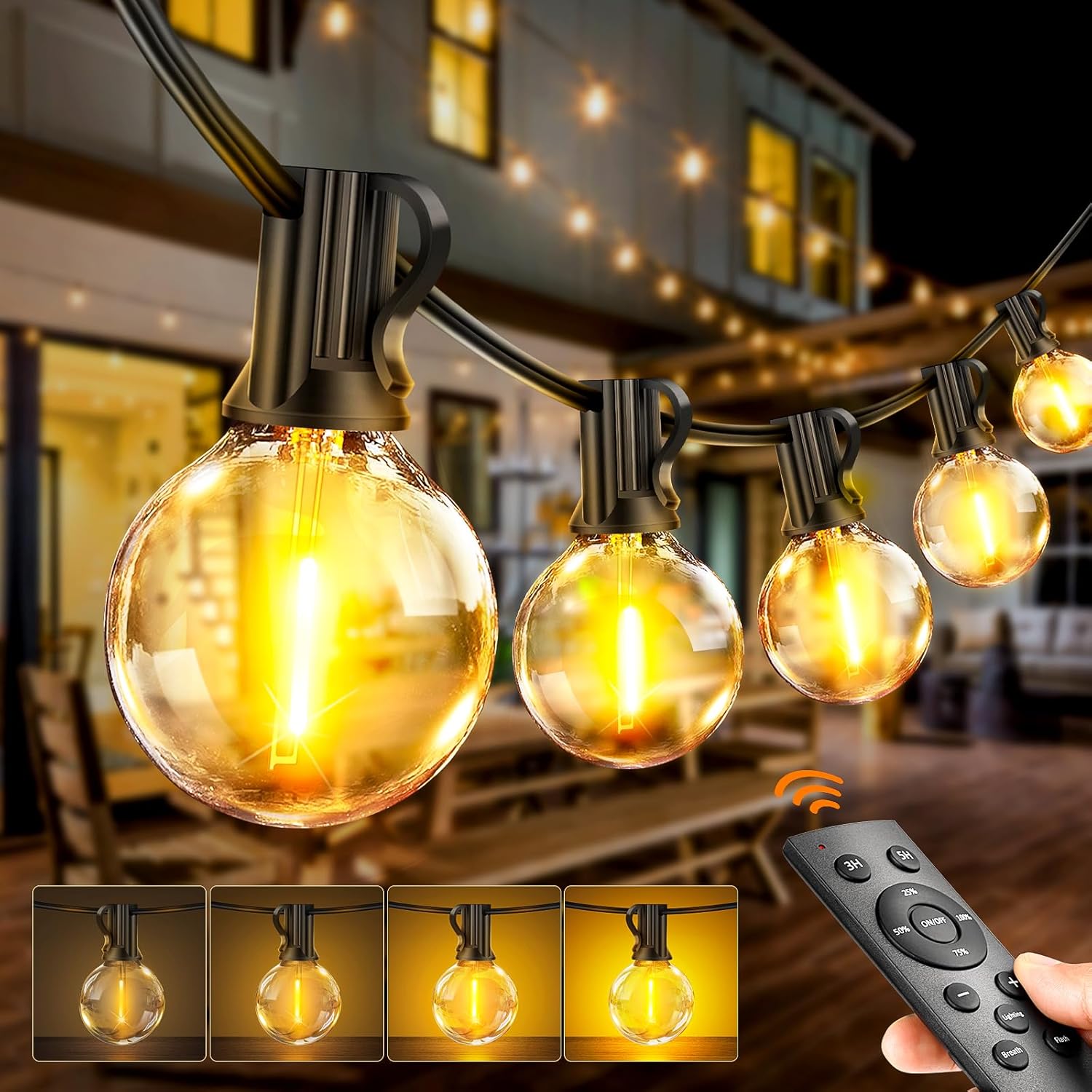 Outdoor String Lights Mains Powered - G40 Garden Festoon Lights 100FT/30M Dimmable with Remote Control Shatterproof LED Bulbs 3 Modes & 2 Timer Settings Waterproof for Outdoor Patio Gazebo Pergola